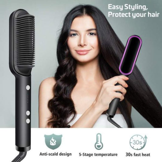 5-Temperature Professional Hair Straightener Brush – Anti-Scald Fast Heating Styling Comb