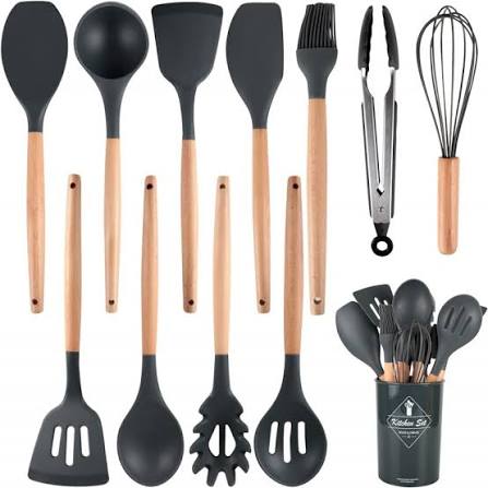 Premium 12-Piece Kitchen Utensils Set | Silicone & Wooden Handle Cooking Tools | Heat-Resistant Spatula, Spoon, Tongs & Whisk Set