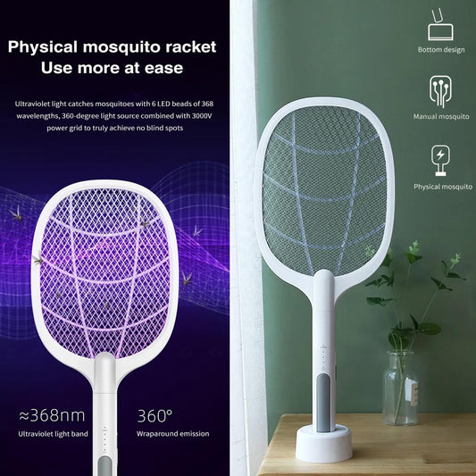 Premium USB Rechargeable Mosquito Racket with Stand | Electric Insect Killer Swatter Bat for Indoor & Outdoor Use