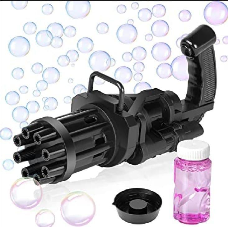 Premium Electric Gatling Bubble Gun | 8-Hole Automatic Bubble Blaster Toy with Bubble Solution & Tray