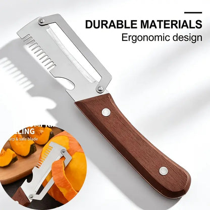 Premium 3-in-1 Stainless Steel Vegetable Peeler & Cutter | Multifunctional Fruit Vegetable Slicer with Wooden Handle & Bottle Opener