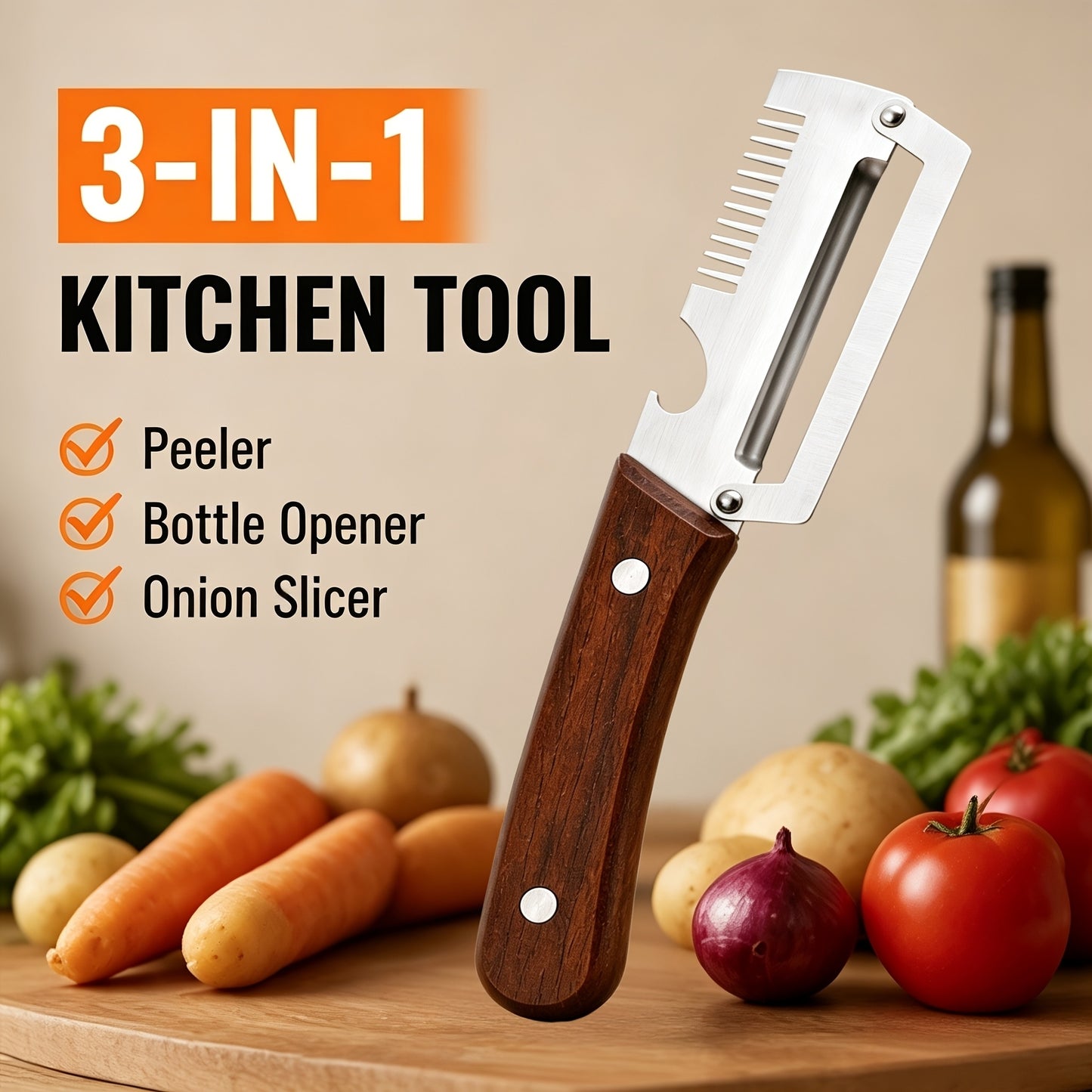 Premium 3-in-1 Stainless Steel Vegetable Peeler & Cutter | Multifunctional Fruit Vegetable Slicer with Wooden Handle & Bottle Opener