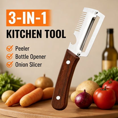 Premium 3-in-1 Stainless Steel Vegetable Peeler & Cutter | Multifunctional Fruit Vegetable Slicer with Wooden Handle & Bottle Opener