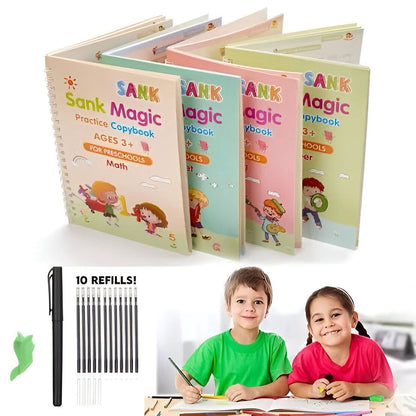 Premium SANK Magic Practice Copybook Set for Kids | 4 Reusable Handwriting Books with Pen & 10 Refills for Writing & Learning
