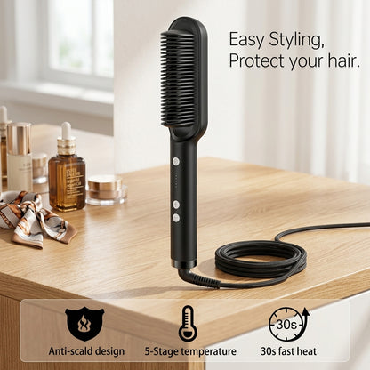 5-Temperature Professional Hair Straightener Brush – Anti-Scald Fast Heating Styling Comb