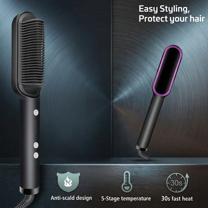 5-Temperature Professional Hair Straightener Brush – Anti-Scald Fast Heating Styling Comb