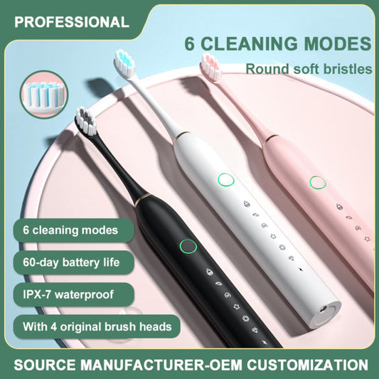 Premium Rechargeable Electric Toothbrush with 2 Extra Brush Heads | USB Charging 6-Mode Sonic Toothbrush for Deep Oral Cleaning