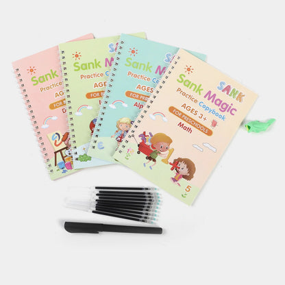 Premium SANK Magic Practice Copybook Set for Kids | 4 Reusable Handwriting Books with Pen & 10 Refills for Writing & Learning
