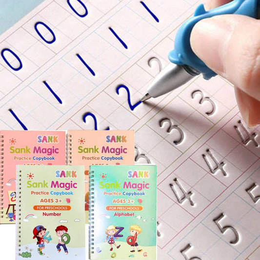 Premium SANK Magic Practice Copybook Set for Kids | 4 Reusable Handwriting Books with Pen & 10 Refills for Writing & Learning