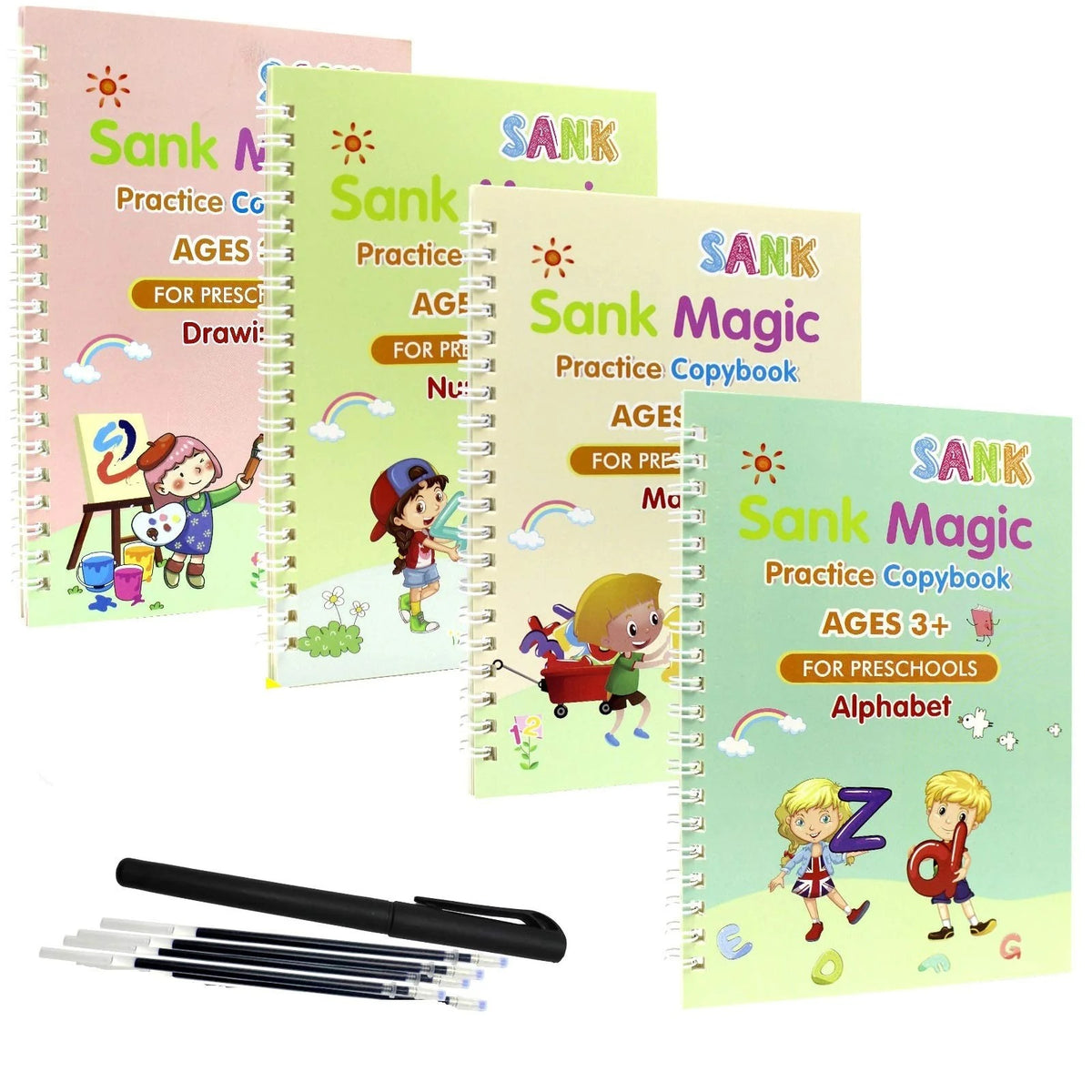 Premium SANK Magic Practice Copybook Set for Kids | 4 Reusable Handwriting Books with Pen & 10 Refills for Writing & Learning
