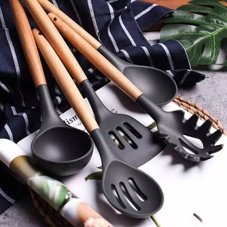 Premium 12-Piece Kitchen Utensils Set | Silicone & Wooden Handle Cooking Tools | Heat-Resistant Spatula, Spoon, Tongs & Whisk Set