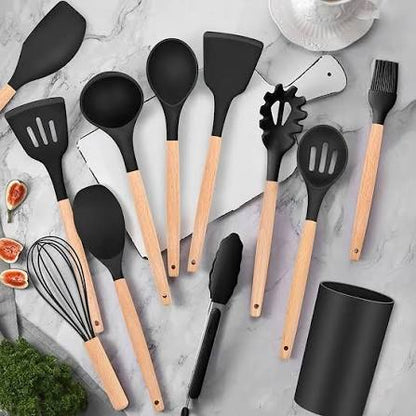 Premium 12-Piece Kitchen Utensils Set | Silicone & Wooden Handle Cooking Tools | Heat-Resistant Spatula, Spoon, Tongs & Whisk Set