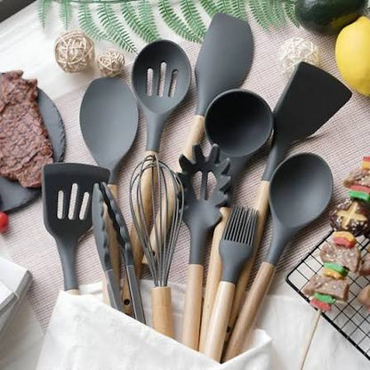 Premium 12-Piece Kitchen Utensils Set | Silicone & Wooden Handle Cooking Tools | Heat-Resistant Spatula, Spoon, Tongs & Whisk Set